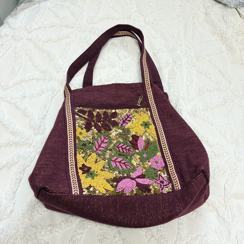 Hand-Embroidered Plum Shoulder Bag with Floral Beading